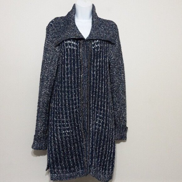 Chico's Textured Tina Cardigan Sweater women 1 Snap Front Chains Blue boho comfy - Picture 11 of 11
